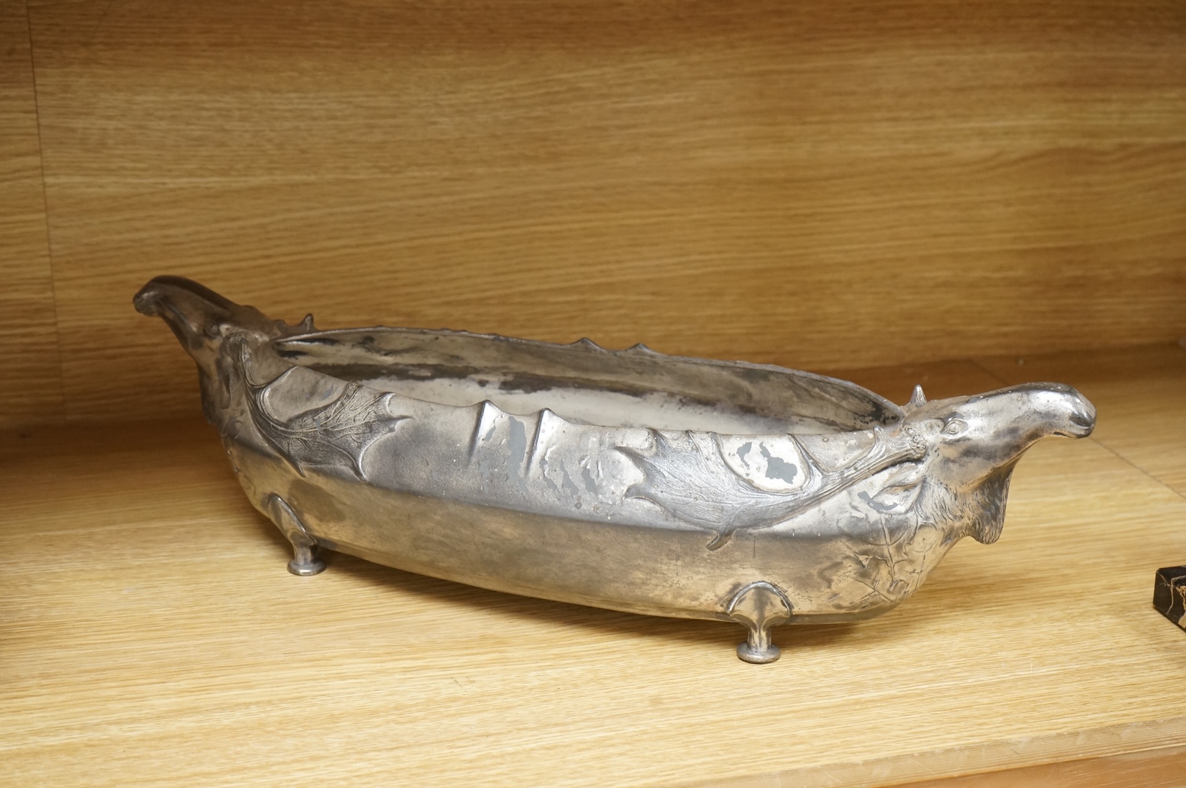 A Kayserzinn Versilbert ‘moose’ centrepiece with presentation inscription dated 1907, 47cm wide
